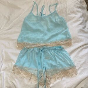 In Bloom by Jonquil Ines Lace Trim Satin Short Pajamas turquoise size small